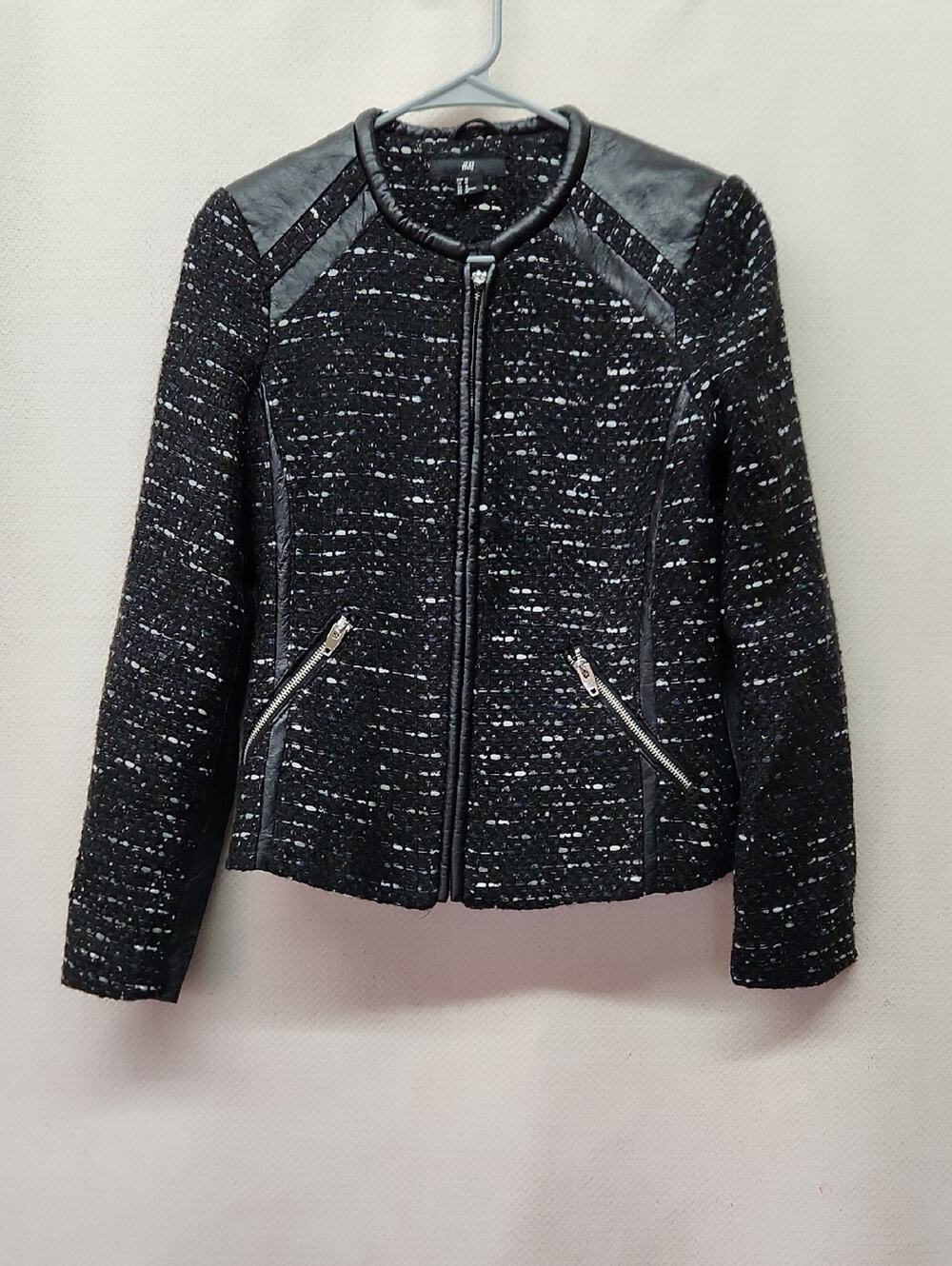 H&M Black Tweed Zip Jacket with Leather-Trim Accents